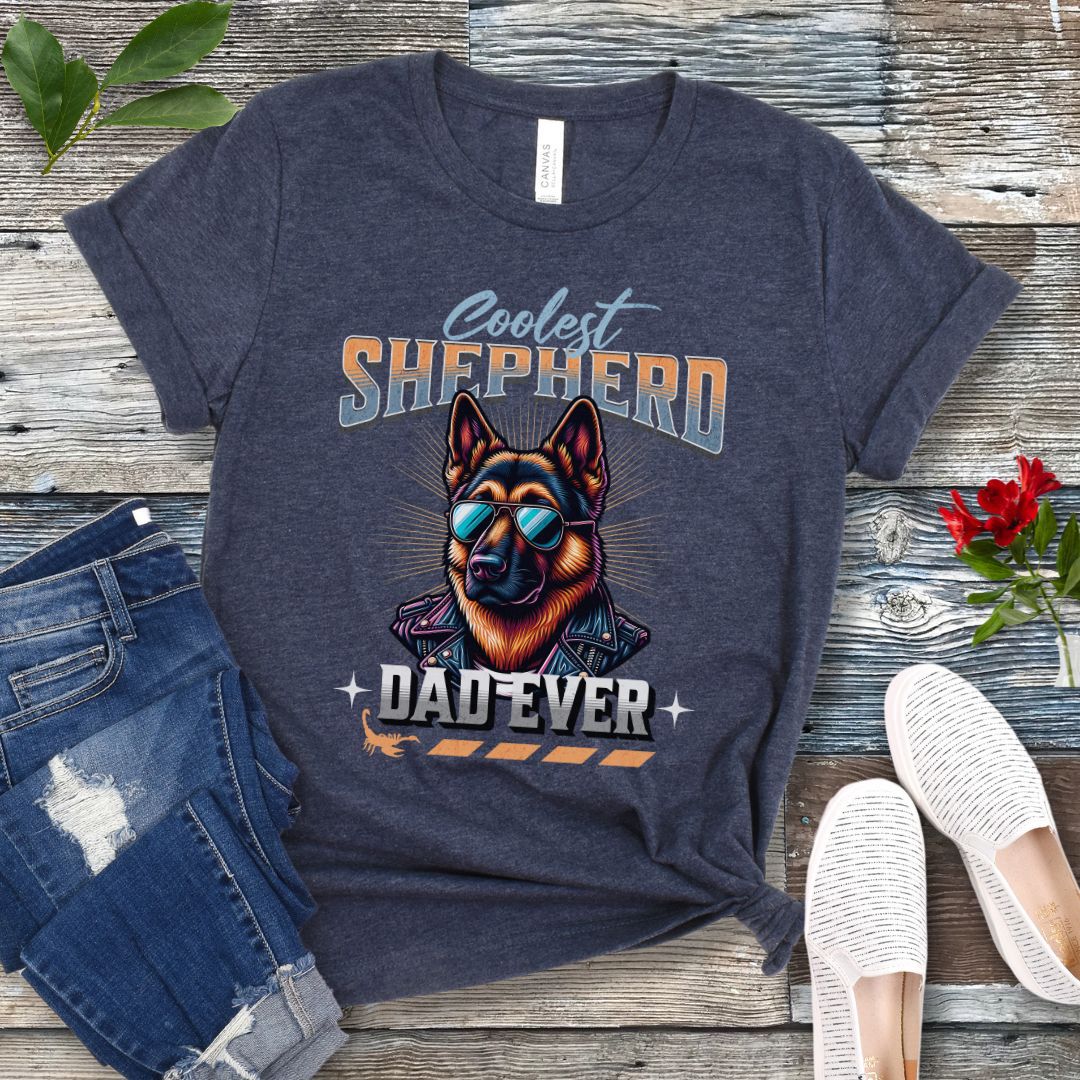 A heather navy t-shirt with a graphic print of a German Shepherd dog wearing sunglasses and leather jacket and the text 'Coolest Shepherd Dad Ever', presented on a wooden surface with a pair of blue jeans and white shoes.