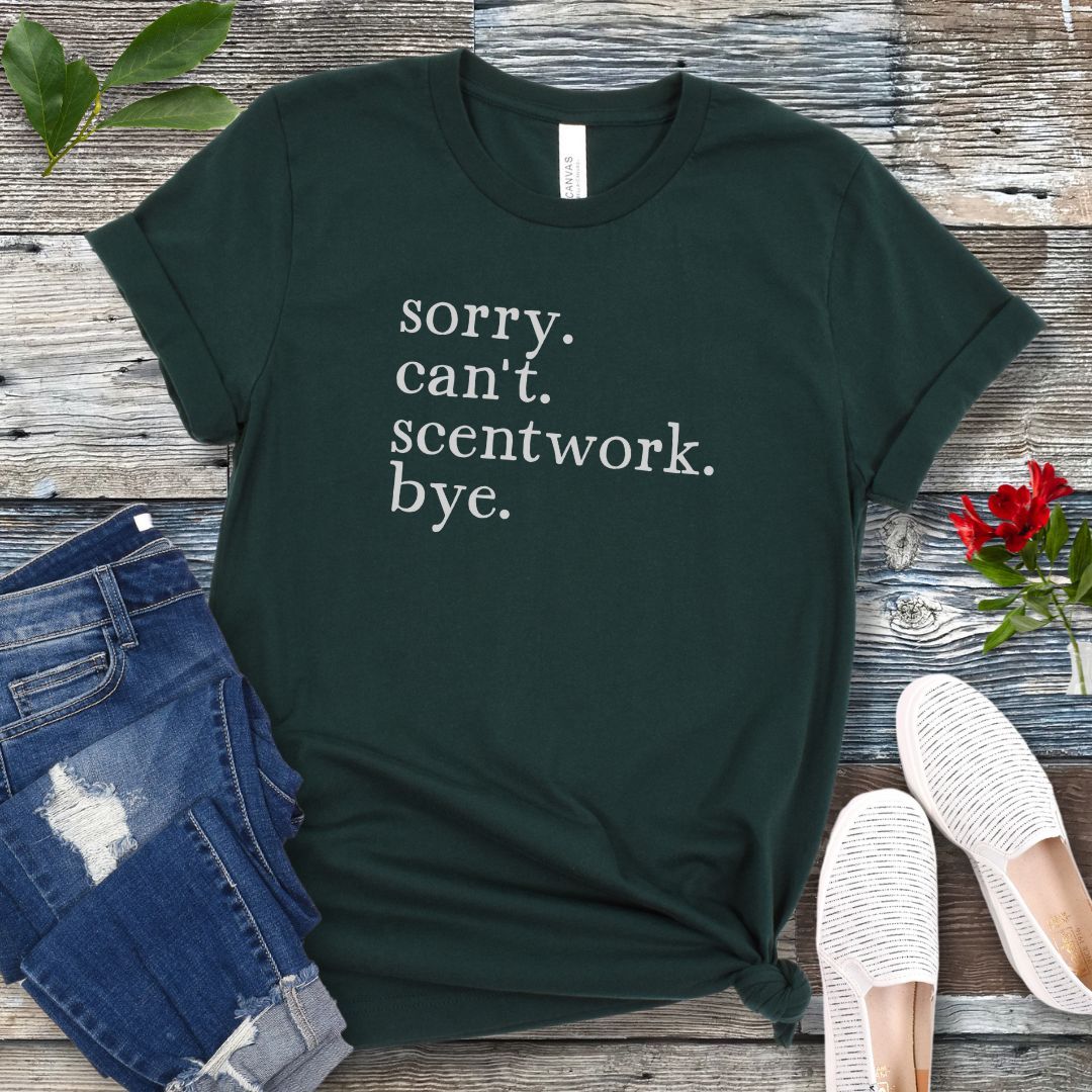 Green dog sports t-shirt with text 'sorry. can't. scentwork. bye.' on a wooden surface with jeans and shoes.