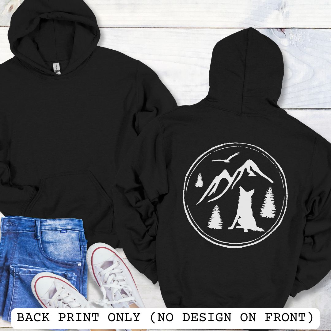 Black Border Collie back print hoodie featuring a vintage-style mountain, pine tree, and Border Collie silhouette back print for hiking enthusiasts, outdoor dog lovers, and Border Collie owners.