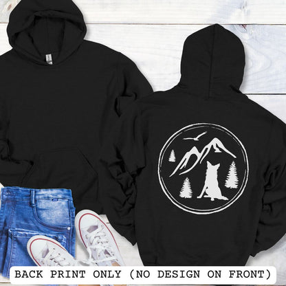 Black Border Collie back print hoodie featuring a vintage-style mountain, pine tree, and Border Collie silhouette back print for hiking enthusiasts, outdoor dog lovers, and Border Collie owners.
