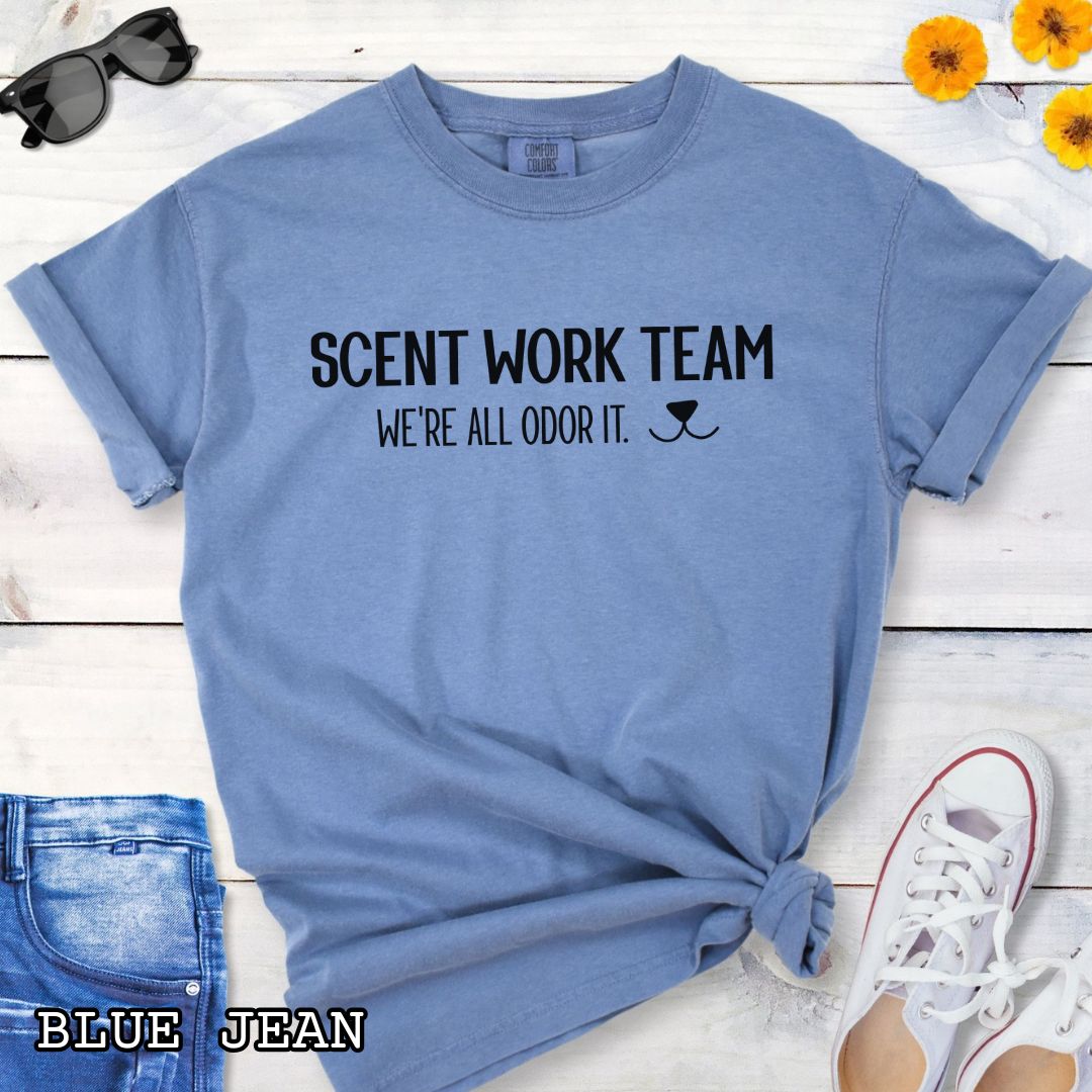 Blue Comfort Colors t-shirt for dog scent trainers with the humorous text 'Scent Work Team, We're All Odor It' in bold lettering, shown on a wooden surface with sunglasses, jeans, and sneakers.