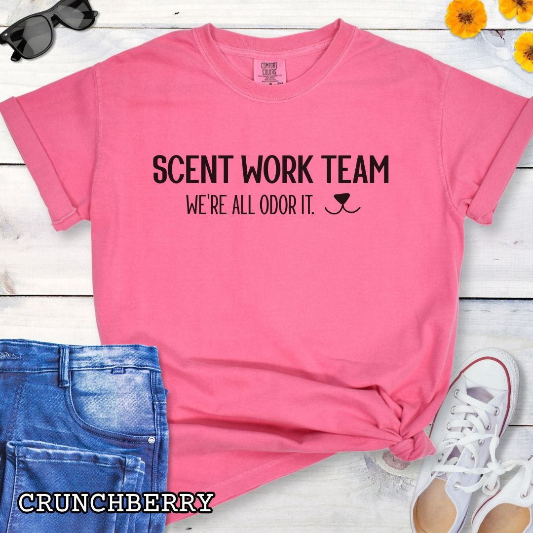 Pink Comfort Colors t-shirt for dog scent trainers with the humorous text 'Scent Work Team, We're All Odor It' in bold lettering, shown on a wooden surface with sunglasses, jeans, and sneakers.