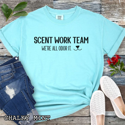 Mint Comfort Colors t-shirt for dog scent trainers with the humorous text 'Scent Work Team, We're All Odor It' in bold lettering, shown on a wooden surface with sunglasses, jeans, and sneakers.