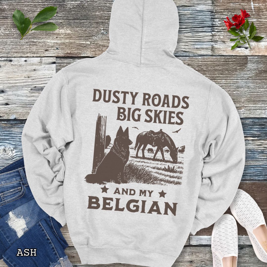 Back view of ash gray hoodie featuring a Western-style design with grazing horse, rustic fence, and a Belgian Sheepdog illustration; text reads “Dusty Roads, Big Skies, and My Belgian.”