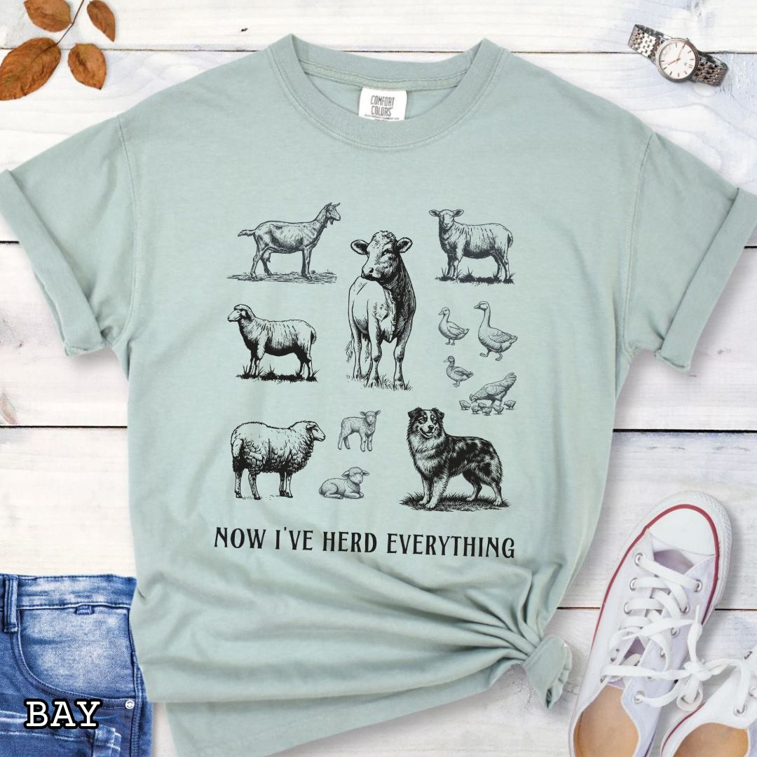 Light green Comfort Colors t-shirt for Australian Shepherd lovers with vintage farm animal illustrations and an Australian Shepherd dog, with the humorous text 'Now I've Herd Everything', shown on a wooden surface with denim jeans and flowers.