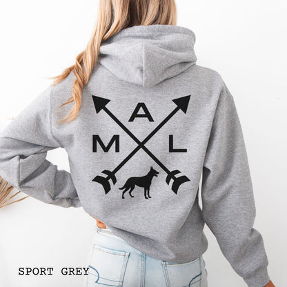 Back view of a grey unisex hoodie with a graphic of crossed arrows, a Belgian Malinois dog, and the text 'MAL', worn by a person.