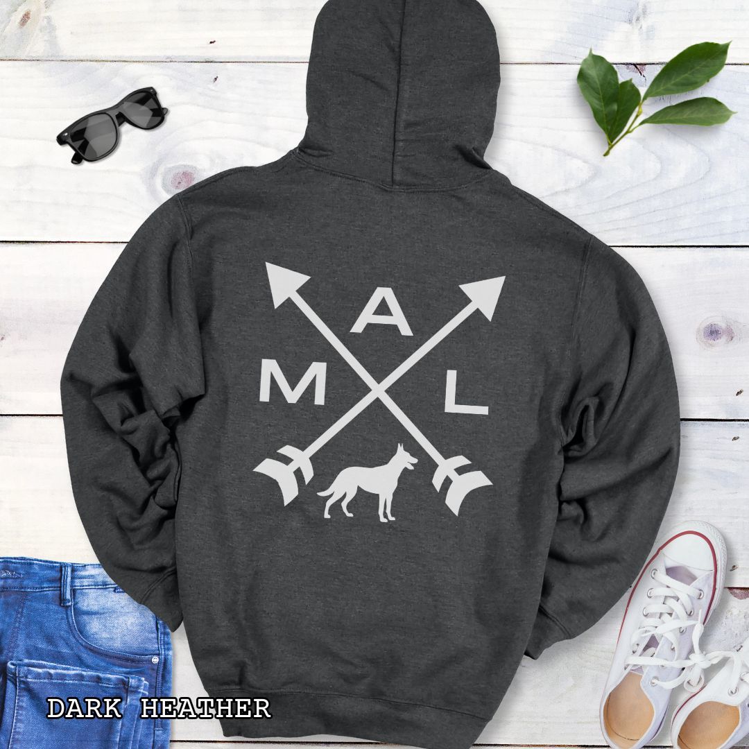 Back view of a dark grey unisex hoodie with a graphic of crossed arrows, a Belgian Malinois dog, and the text 'MAL'.