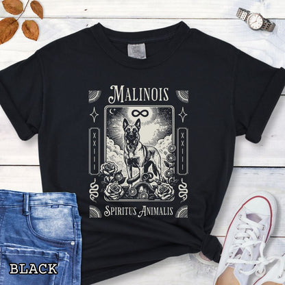 Black Comfort Colors t-shirt featuring a Belgian Malinois tarot card design with Gothic roses and mystical symbols,  and the text 'MALINOIS' and 'SPIRITUS ANIMALIS', perfect for dog lovers and dark aesthetic Malinois fans.