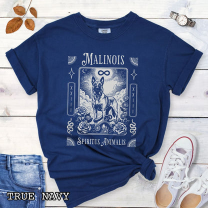 Navy blue Comfort Colors t-shirt featuring a Belgian Malinois tarot card design with Gothic roses and mystical symbols,  and the text 'MALINOIS' and 'SPIRITUS ANIMALIS', perfect for dog lovers and dark aesthetic Malinois fans.