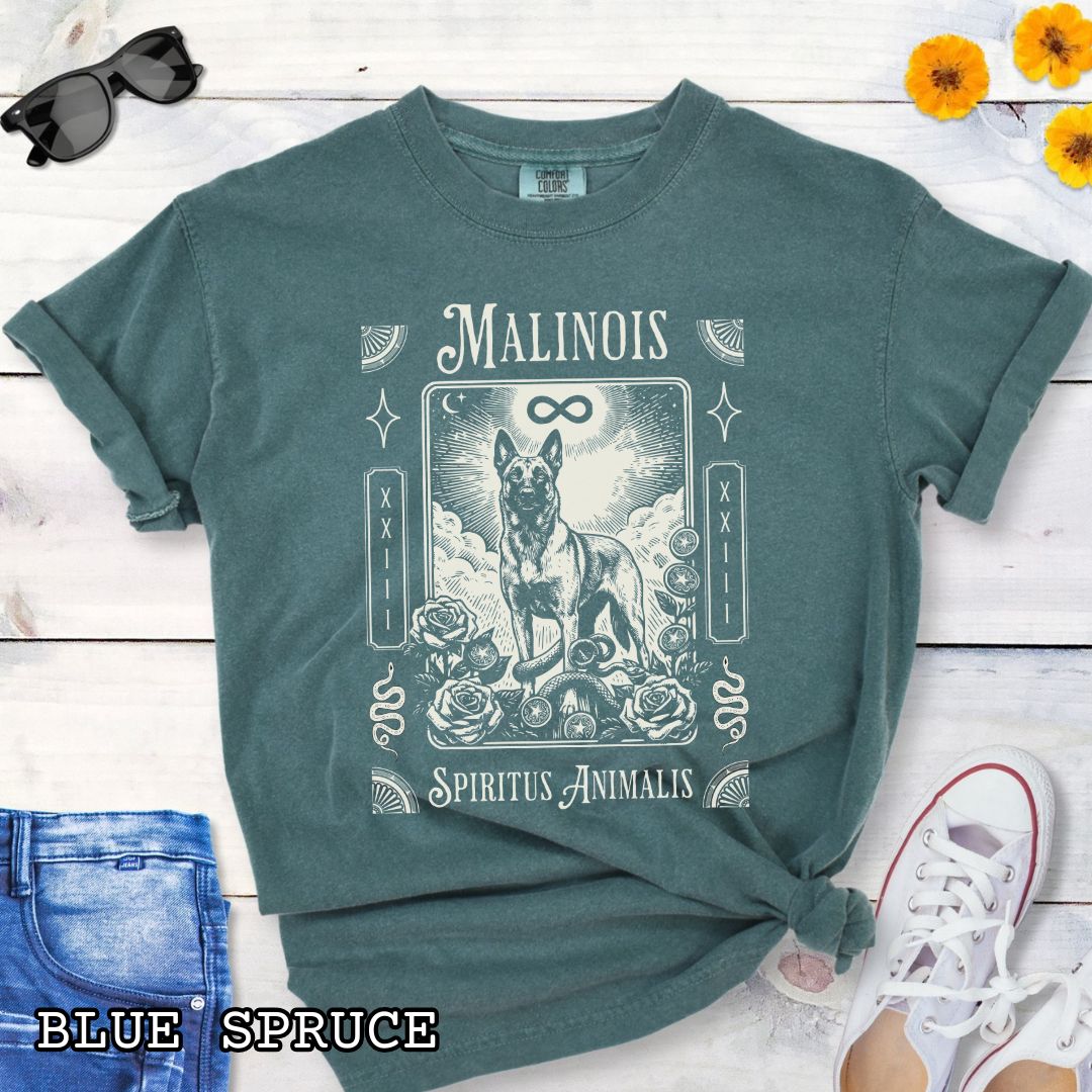 Green Comfort Colors t-shirt featuring a Belgian Malinois tarot card design with Gothic roses and mystical symbols,  and the text 'MALINOIS' and 'SPIRITUS ANIMALIS', perfect for dog lovers and dark aesthetic Malinois fans.