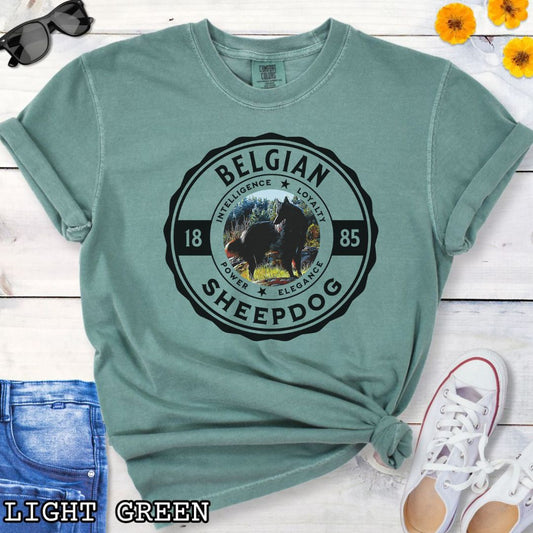Light green Comfort Colors t-shirt with Belgian Sheepdog art graphic in a badge style design, with the text 'Belgian Sheepdog, 1885, Intelligence, Loyalty, Power, Elegance', shown on a wooden surface with jeans and sneakers.