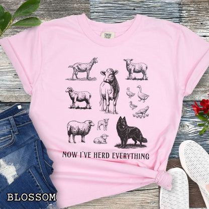 Pink Comfort Colors t-shirt for Belgian Sheepdog lovers with vintage  illustrations of farm animals and a Groenendael dog, with the humorous text 'Now I've Herd Everything', shown on a wooden surface with denim jeans and flowers.