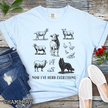 Light blue Comfort Colors t-shirt for Belgian Sheepdog lovers with vintage  illustrations of farm animals and a Groenendael dog, with the humorous text 'Now I've Herd Everything', shown on a wooden surface with denim jeans and flowers.