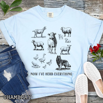 Light blue Comfort Colors t-shirt for Belgian Tervuren lovers with vintage farm animal illustrations and a Belgian Tervuren dog, with the humorous text 'Now I've Herd Everything', shown on a wooden surface with denim jeans and flowers.