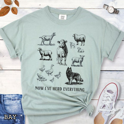 Light green Comfort Colors t-shirt for Belgian Tervuren lovers with vintage farm animal illustrations and a Belgian Tervuren dog, with the humorous text 'Now I've Herd Everything', shown on a wooden surface with denim jeans and flowers.