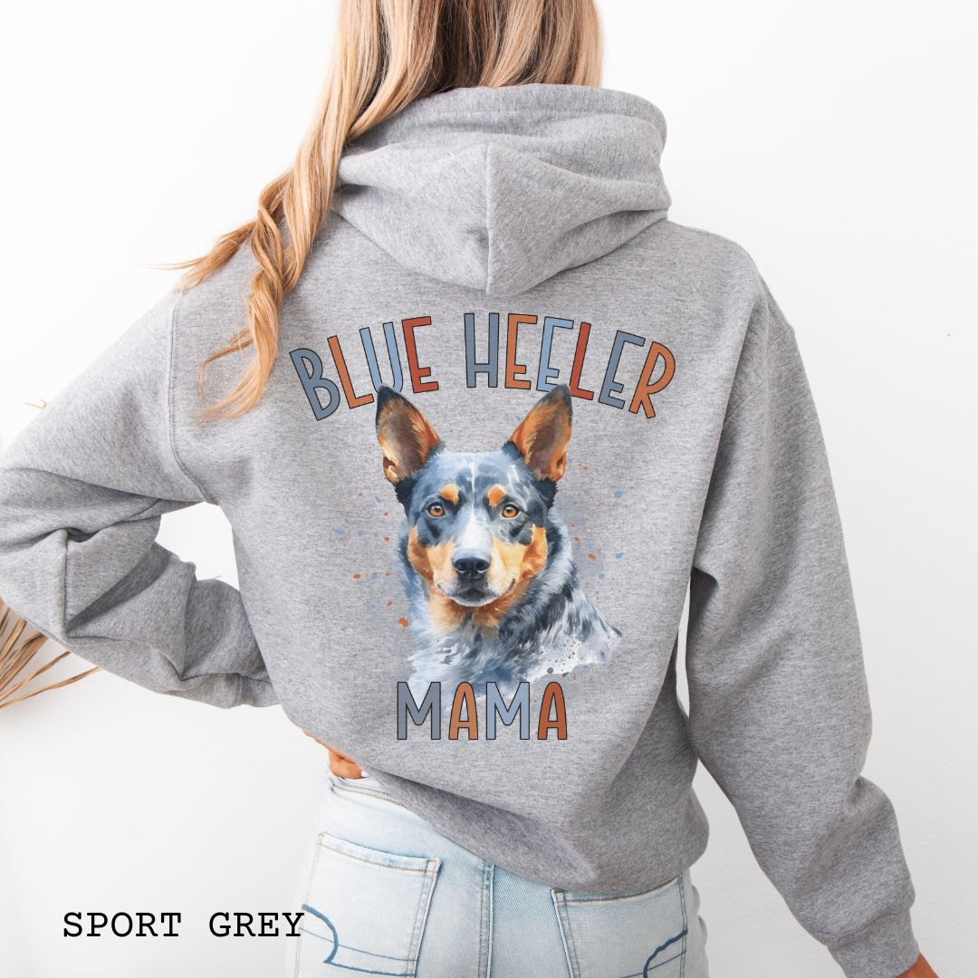 Grey Australian Cattle Dog hoodie with blue heeler graphic and 'Blue Heeler Mama' multicolor text on the back, on a white background