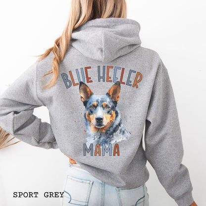 Grey Australian Cattle Dog hoodie with blue heeler graphic and 'Blue Heeler Mama' multicolor text on the back, on a white background