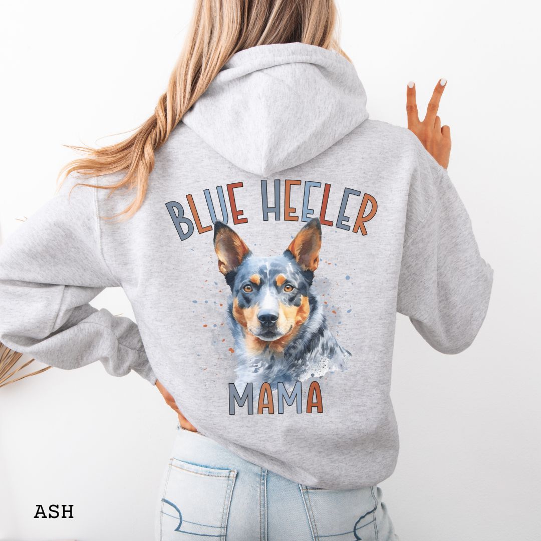 Light grey Australian Cattle Dog hoodie with blue heeler graphic and 'Blue Heeler Mama' multicolor text on the back, on a white background
