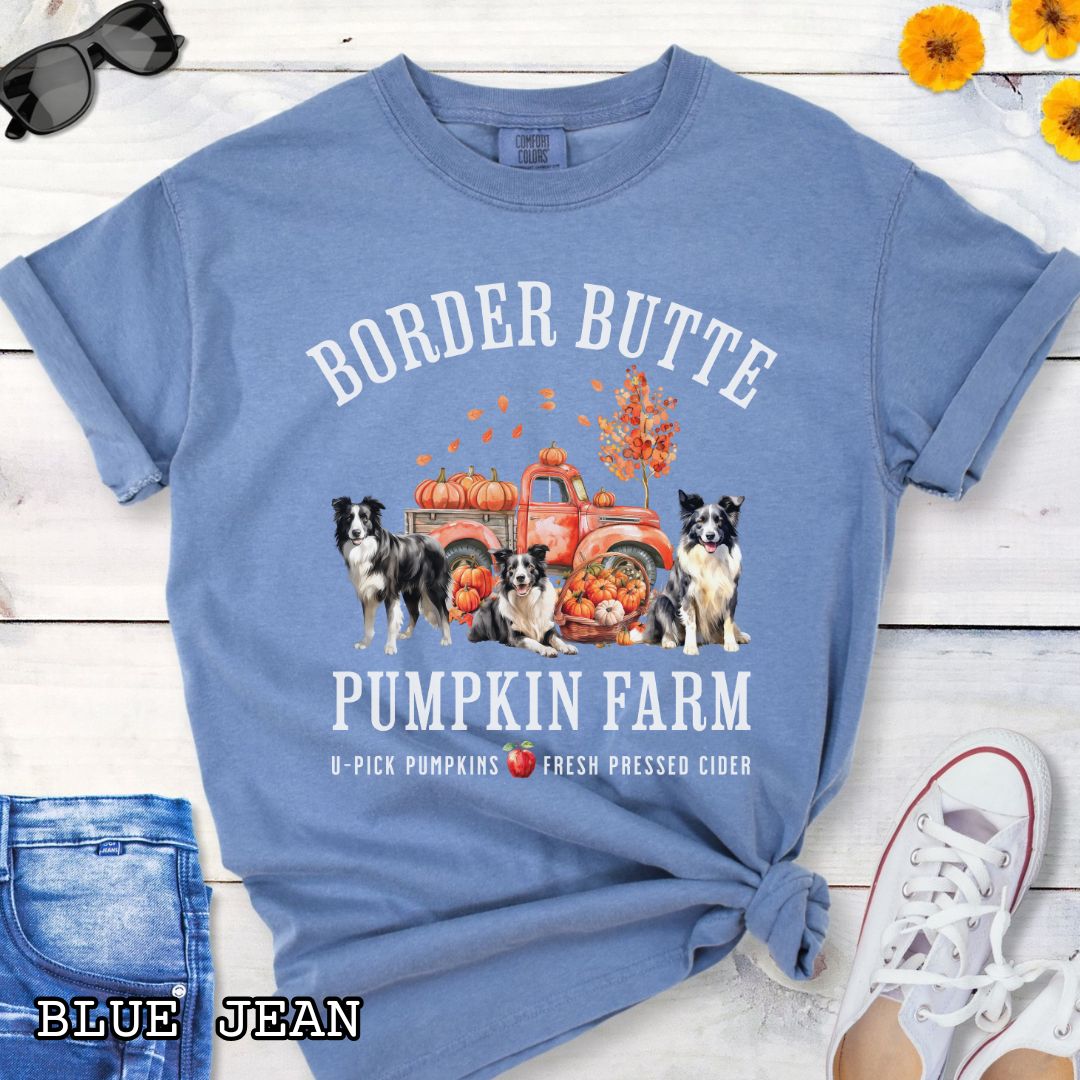Blue fall-theme t-shirt for Border Collie lovers with 'Border Butte Pumpkin Farm' design featuring Border Collies, fall foliage and a pumpkin truck, shown on a wooden surface.