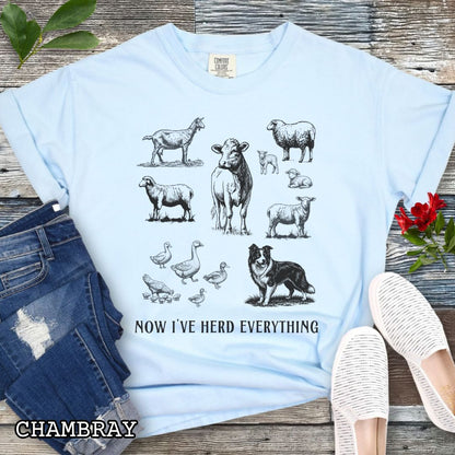 Light blue Comfort Colors t-shirt for Border Collie lovers with vintage farm animal illustrations and a Border Collie dog, with the humorous text 'Now I've Herd Everything', shown on a wooden surface with denim jeans and flowers.