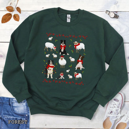 Dark green Gildan 18000 Border Collies and Sheep Christmas sweatshirt featuring festive sheep, Border Collies, Santa hats, scarves, and holly for herding dog lovers.