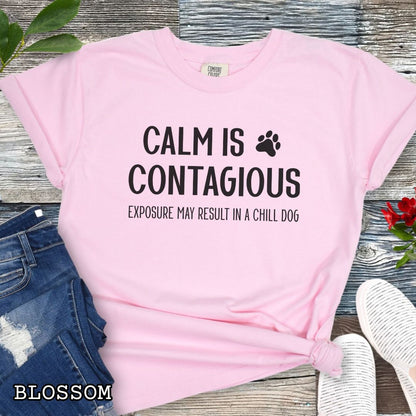 Pink Comfort Colors t-shirt for dog training enthusiasts with 'Calm is contagious, Exposure may result in a chill dog' text and a paw print, shown on a wooden surface with shoes and jeans.