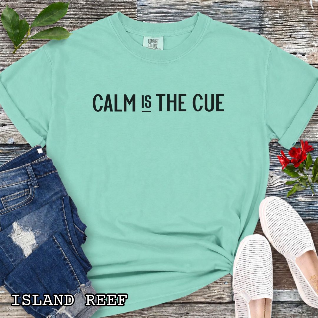 Mint green Comfort Colors Calm Is the Cue t-shirt featuring minimalist typography for positive reinforcement dog trainers, canine behavior professionals, reactive dog owners, and training enthusiasts.