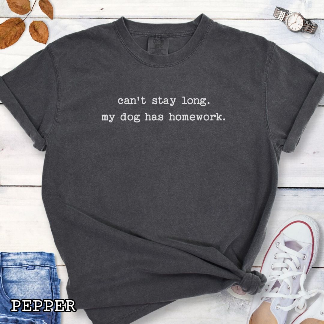Dark grey Comfort Colors t-shirt with humorous text 'can't stay long. my dog has homework.' in minimalist typewriter lettering, shown on a wooden surface with sunglasses and jeans.