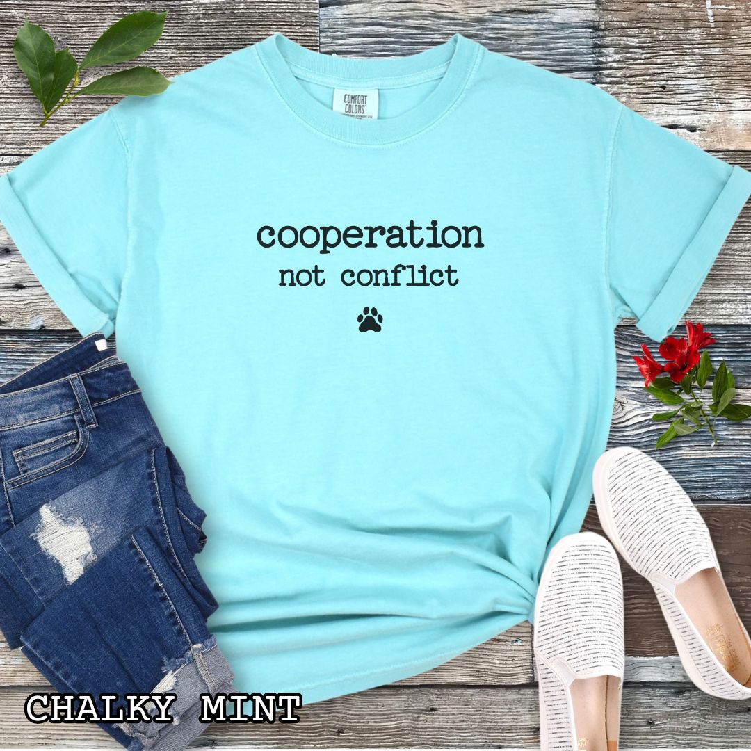 Light teal (Chalky Mint) Comfort Colors dog training t-shirt with 'cooperation not conflict' text on a wooden surface with shoes and jeans.