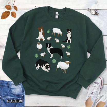 Dark green unisex sweatshirt with cottagecore Border Collies and Sheep design featuring playful Border Collie herding dogs, fluffy sheep, and countryside artwork for sheepdog handlers, herding dog trainers, and Border Collie lovers.
