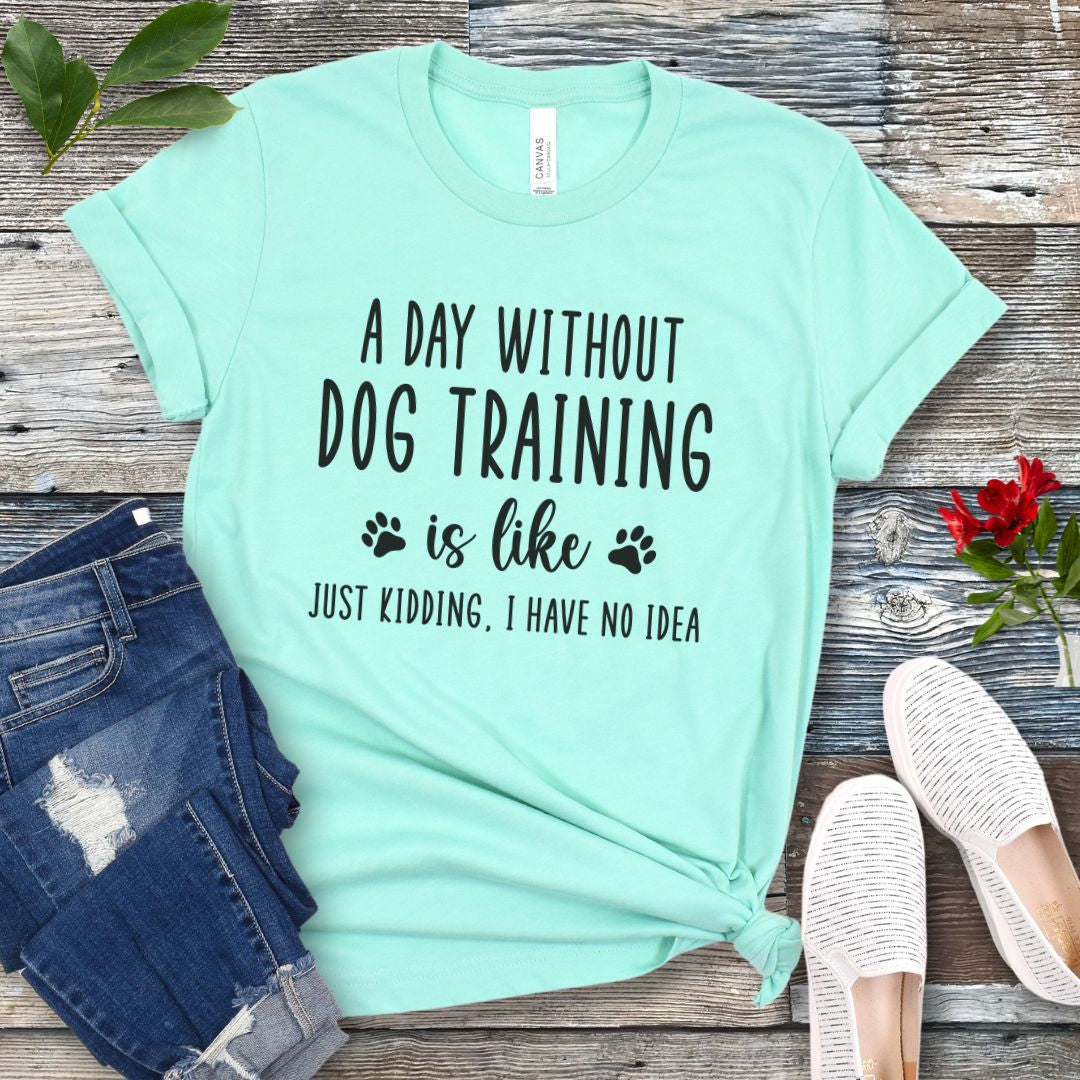 Mint green unisex t-shirt with humorous dog training quote, 'A Day Without Dog Training Is Like, Just Kidding, I have No Idea' text, presented on a wooden surface with jeans and shoes.