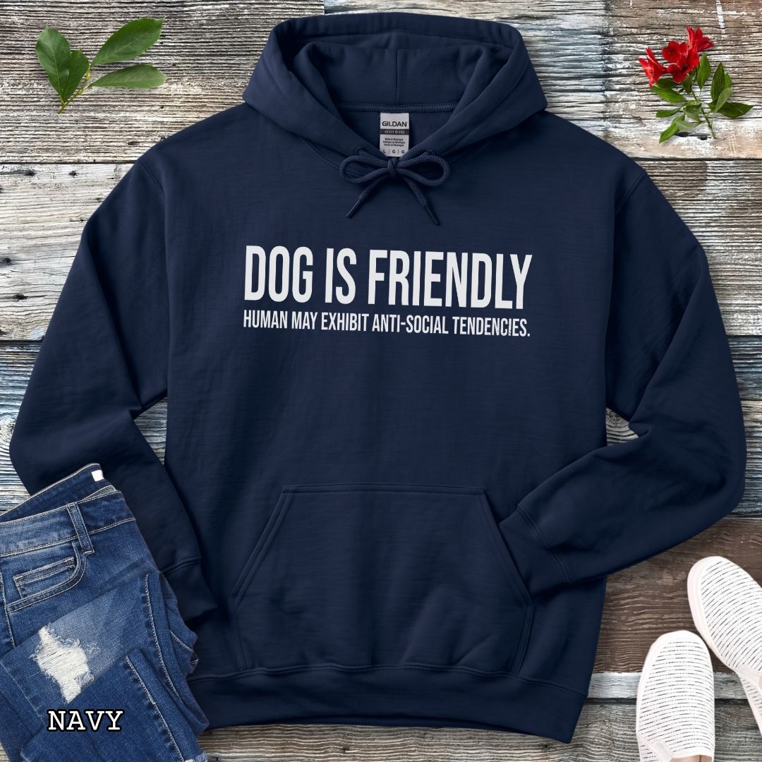 A navy blue pullover dog lover hoodie for introverts with bold, humorous text 'DOG IS FRIENDLY, HUMAN MAY EXHIBIT ANTI-SOCIAL TENDENCIES.' laid flat on a white wood background with decorative props including jeans, a watch, leaves, and sneakers.