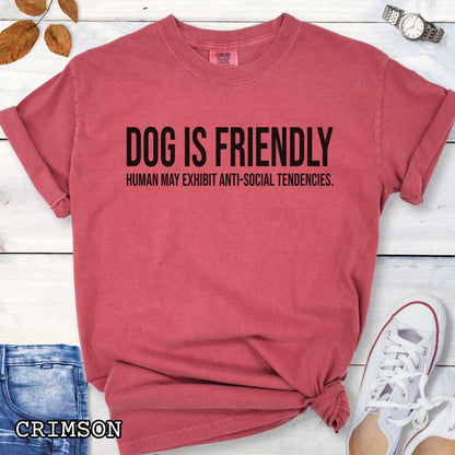 Red Comfort Colors t-shirt for dog lovers with humorous text 'DOG IS FRIENDLY, Human May Exhibit Anti-Social Tendencies' in bold lettering, shown on a wooden surface with jeans and sneakers.