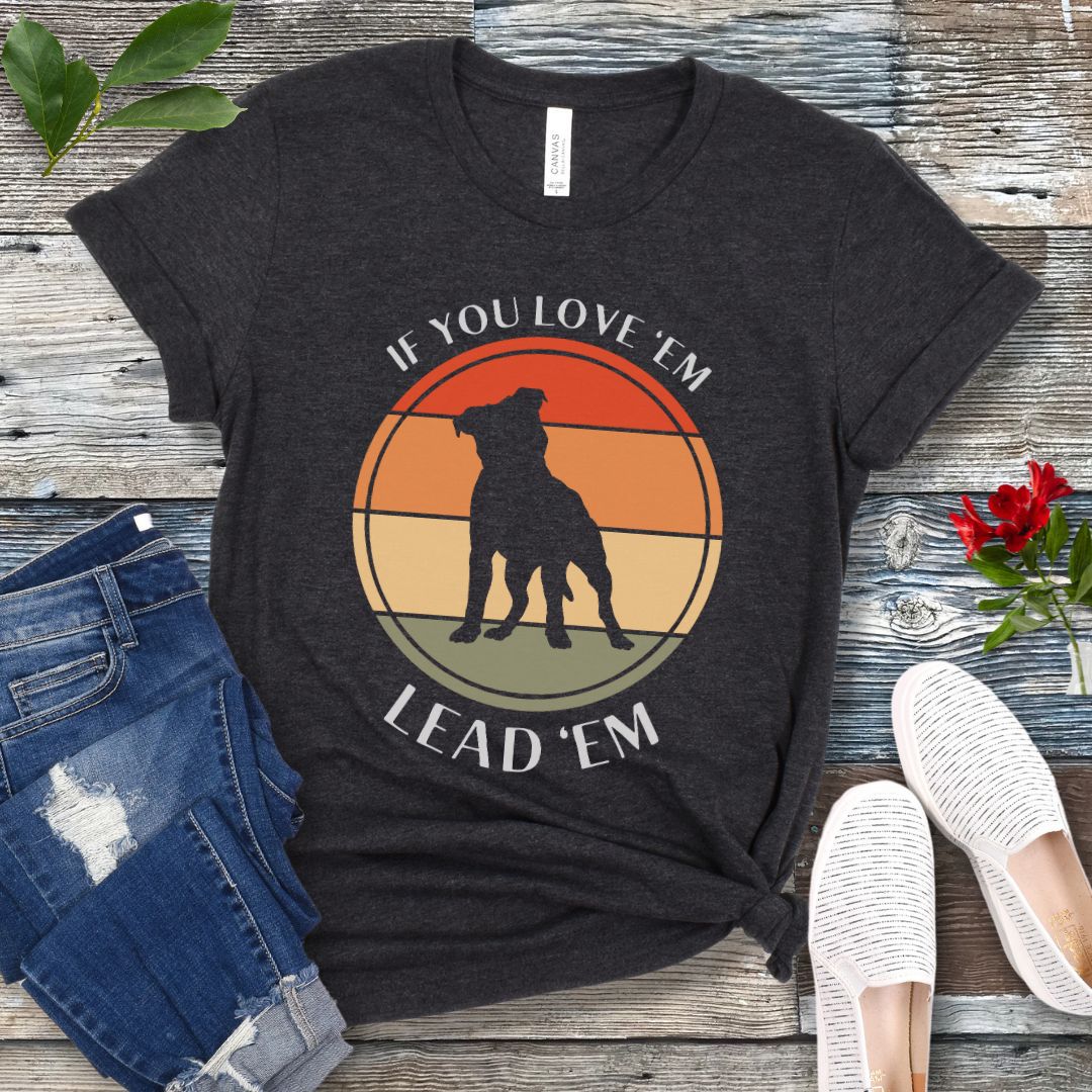 Dark grey dog training t-shirt with vintage sunset, dog graphic and text If You Love Them, Lead Them on a wooden surface with jeans and shoes.