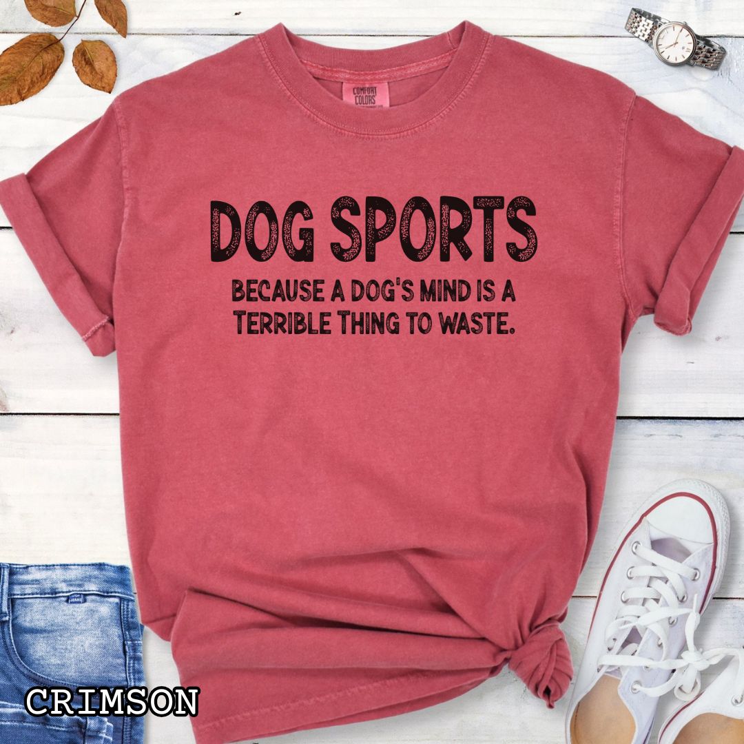 Red Comfort Colors t-shirt for agility, nosework, obedience, flyball and more, with 'Dog Sports, because a dog's mind is a terrible thing to waste' text, shown on a wooden surface with shoes and jeans.