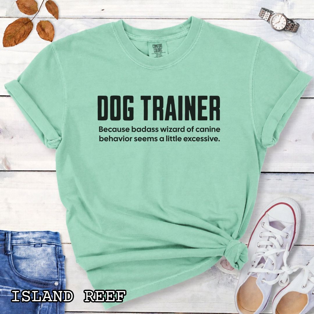 Mint green Comfort Colors t-shirt with humorous text 'DOG TRAINER, because badass wizard of canine behavior seems a little excessive', shown on a wooden surface with sunglasses and jeans.