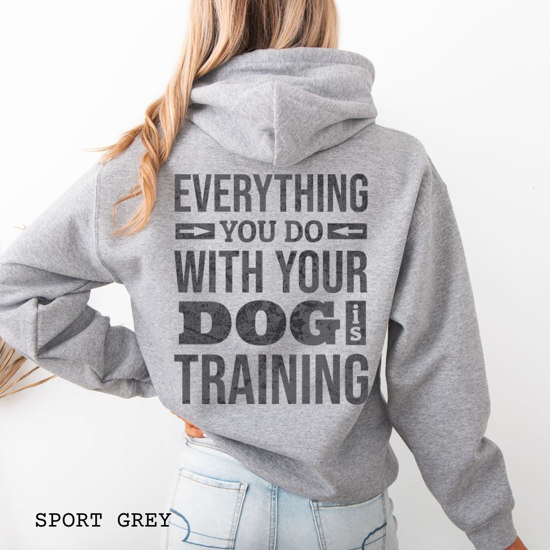 Person wearing a grey hoodie with the text 'EVERYTHING YOU DO WITH YOUR DOG IS TRAINING' text design printed on the back.