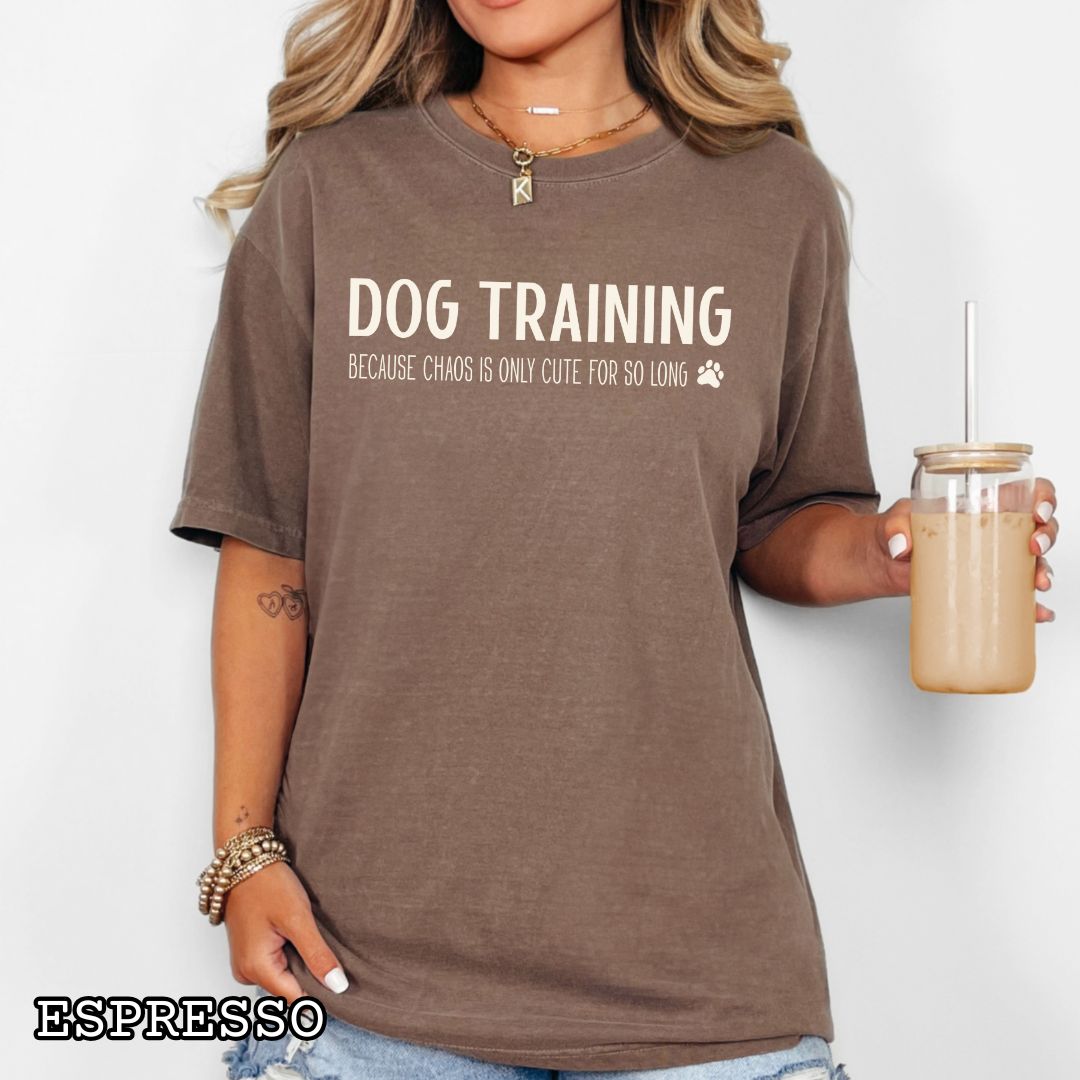 Person wearing a brown (Espresso) Comfort Colors t-shirt with 'DOG TRAINING, Because Chaos is Only Cute For So Long' text and a small paw print, holding a drink.