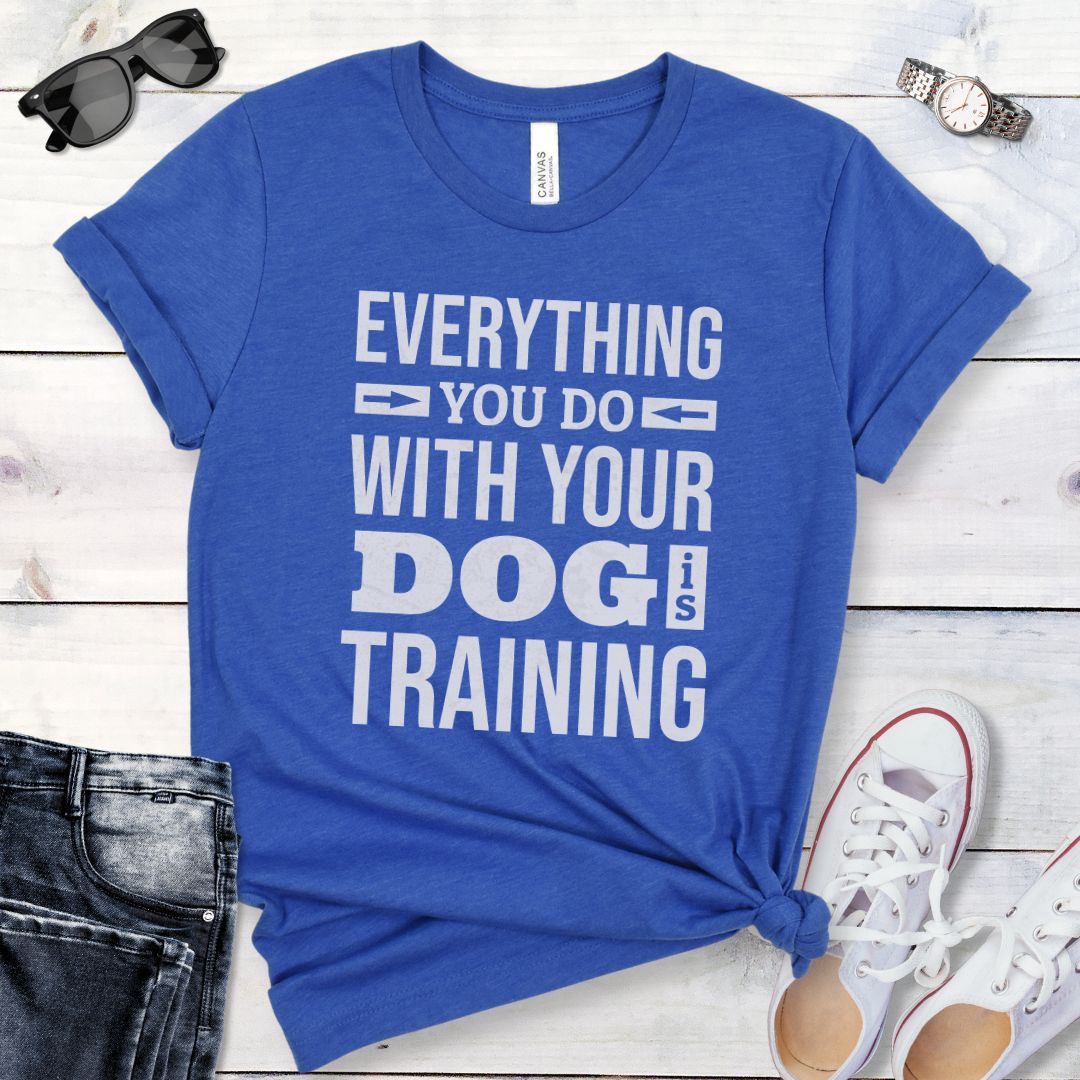 A royal blue t-shirt with the text 'EVERYTHING YOU DO WITH YOUR DOG IS TRAINING' text design, displayed flat with a pair of blue jeans and white shoes.