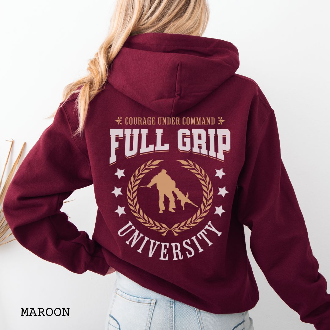 Back view of a maroon Schutzhund/IGP hoodie with 'Full Grip University' text , laurels, stars and bite work graphic, worn by a person.