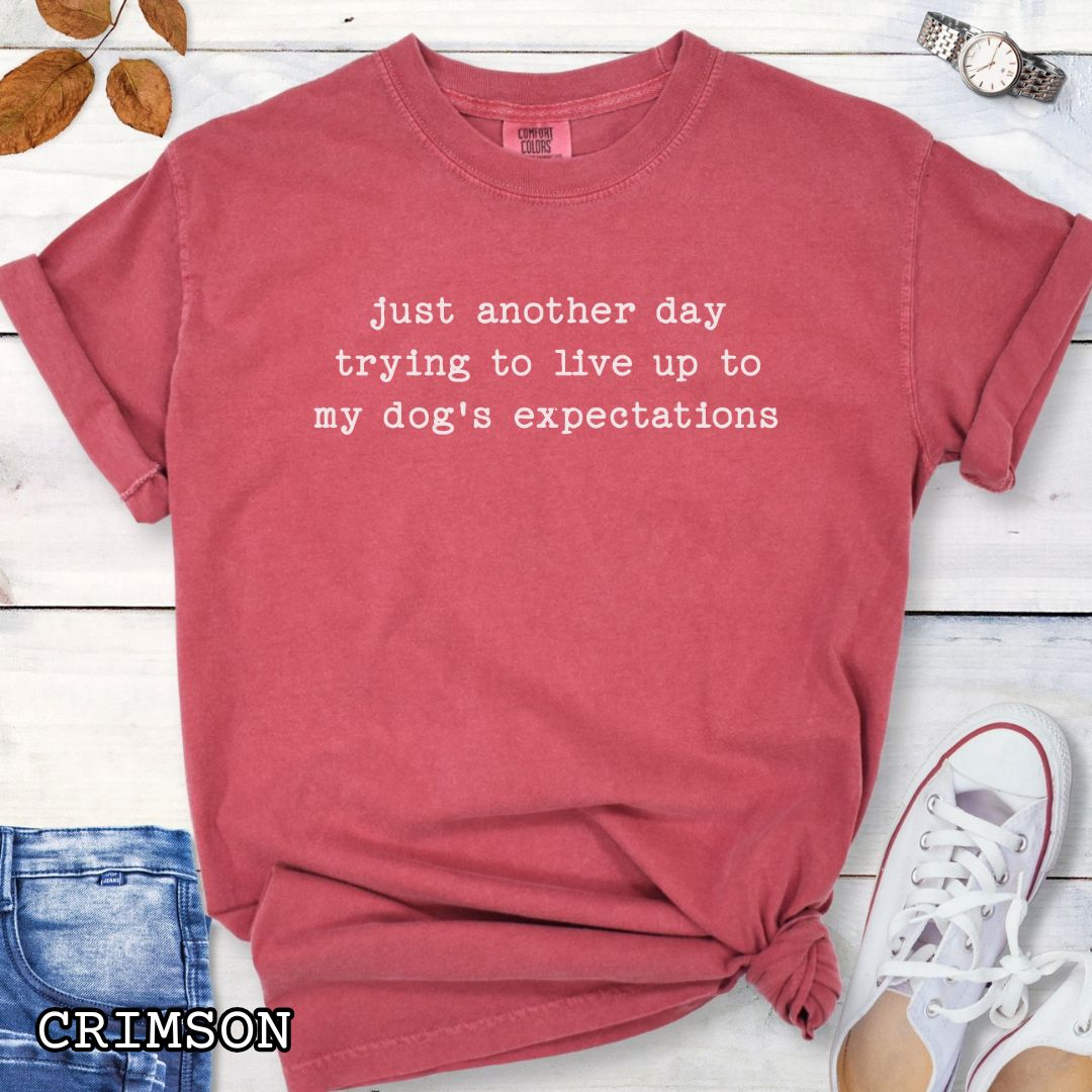 Red Comfort Colors t-shirt featuring funny sarcastic 'Just Another Day Trying to Live Up to My Dog’s Expectations' quote, perfect humorous dog lover shirt for dog moms, dog dads, and pet parent gifts.