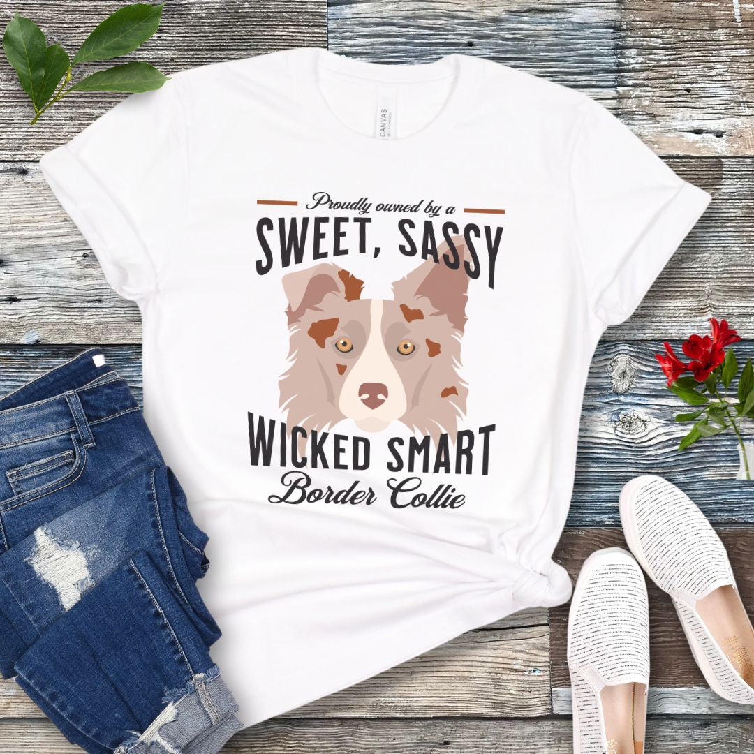 White t-shirt for Border Collie lovers with a graphic of a Red Merle Border Collie face and the humorous text, 'Proudly Owned By a Sweet, Sassy, Wicked Smart Border Collie' on a wooden surface with jeans and shoes.