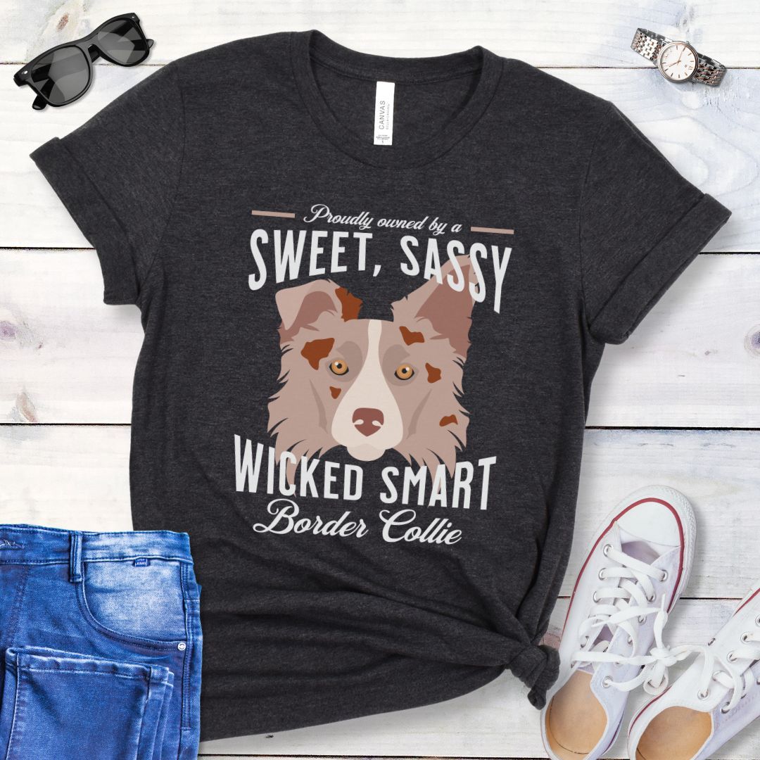 Dark grey t-shirt for Border Collie lovers with a graphic of a Red Merle Border Collie face and the humorous text, 'Proudly Owned By a Sweet, Sassy, Wicked Smart Border Collie' on a wooden surface with jeans and shoes.