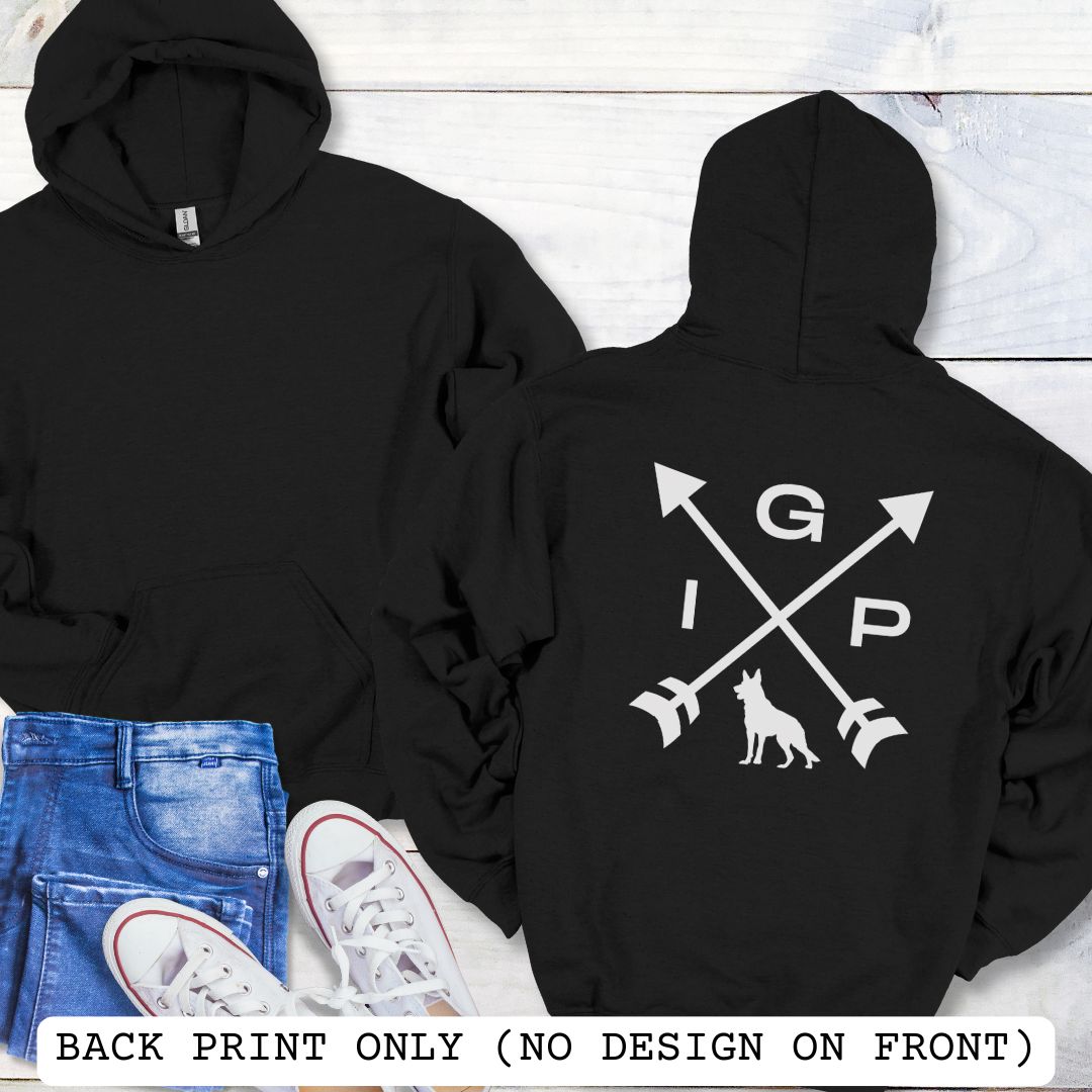 Back view of a black Schutzhund/IGP hoodie with crossed arrows design with 'IGP' text and German Shepherd silhouette on the back.