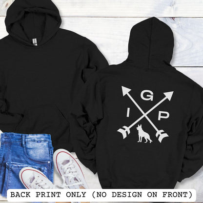 Back view of a black Schutzhund/IGP hoodie with crossed arrows design with 'IGP' text and German Shepherd silhouette on the back.