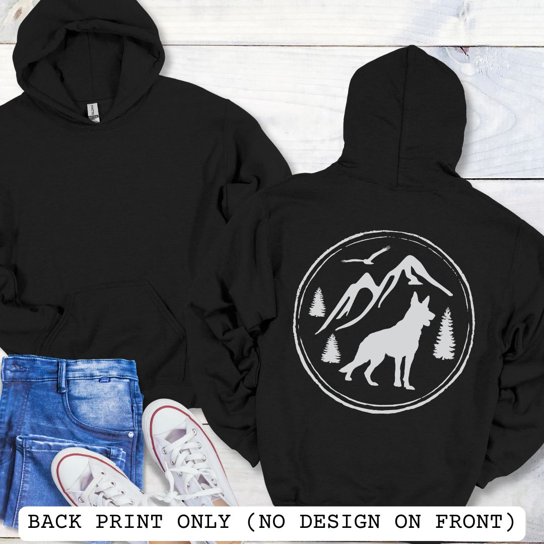 Front and back of a black hooded sweatshirt showing German Shepherd design on back.