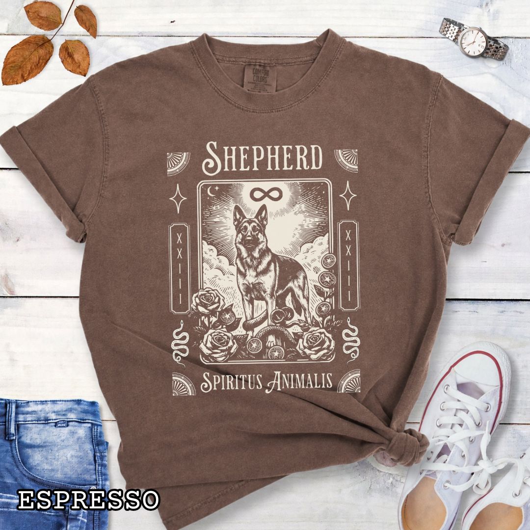 Brwon Comfort Colors t-shirt featuring a German Shepherd tarot card design with Gothic roses and mystical symbols, perfect for Goth dog lovers and dark aesthetic Shepherd fans.