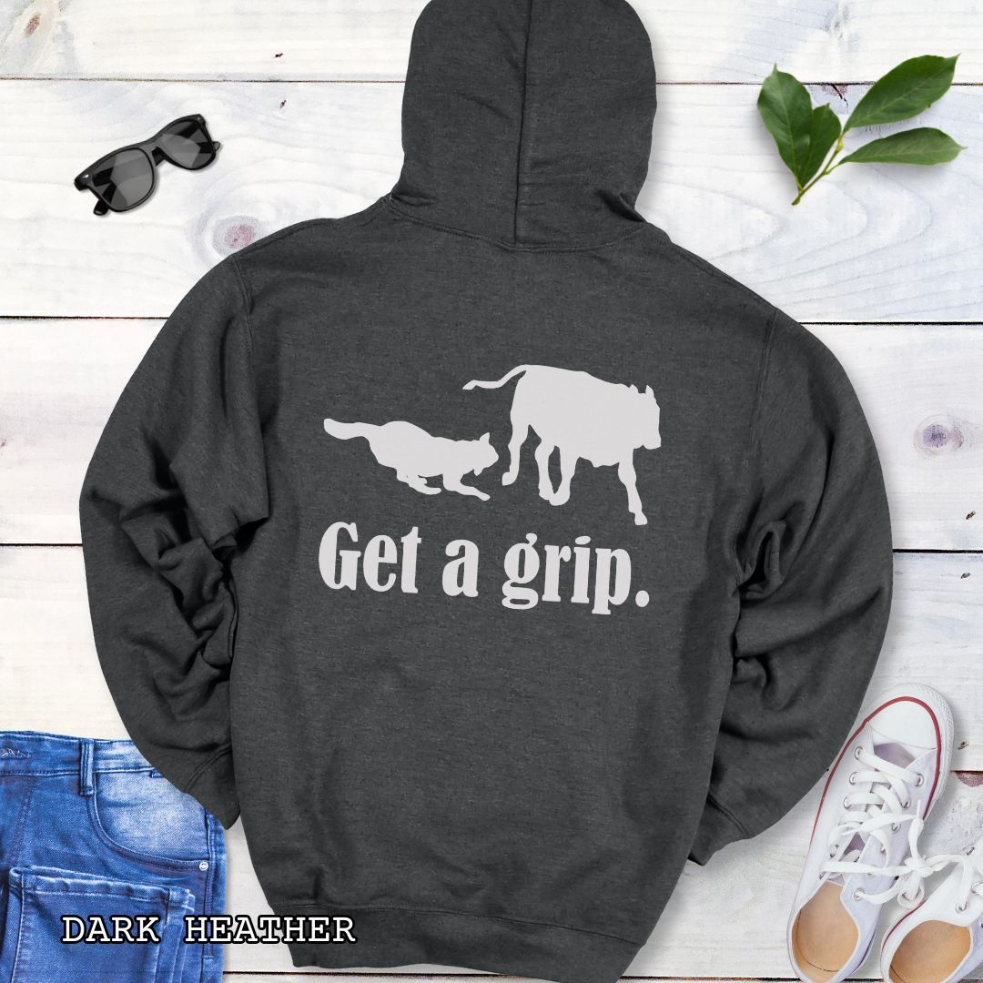 A dark grey back print hoodie with a graphic of a Heeler dog herding a cow and the text 'Get a grip.' 