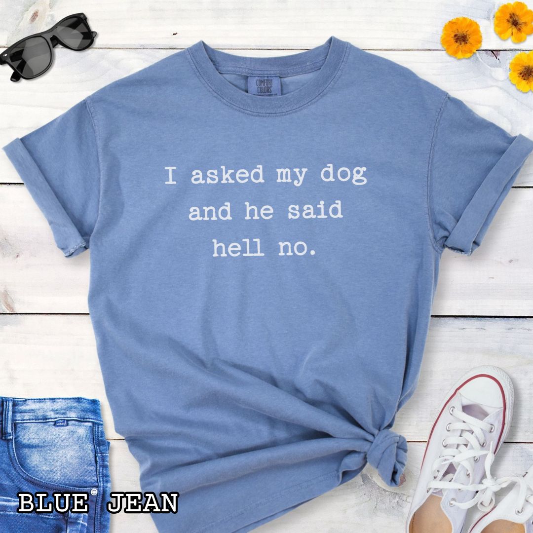 Blue Comfort Colors dog lover t-shirt with 'I asked my dog and he said hell no.' text on a wooden surface with sunglasses, jeans, and sneakers.