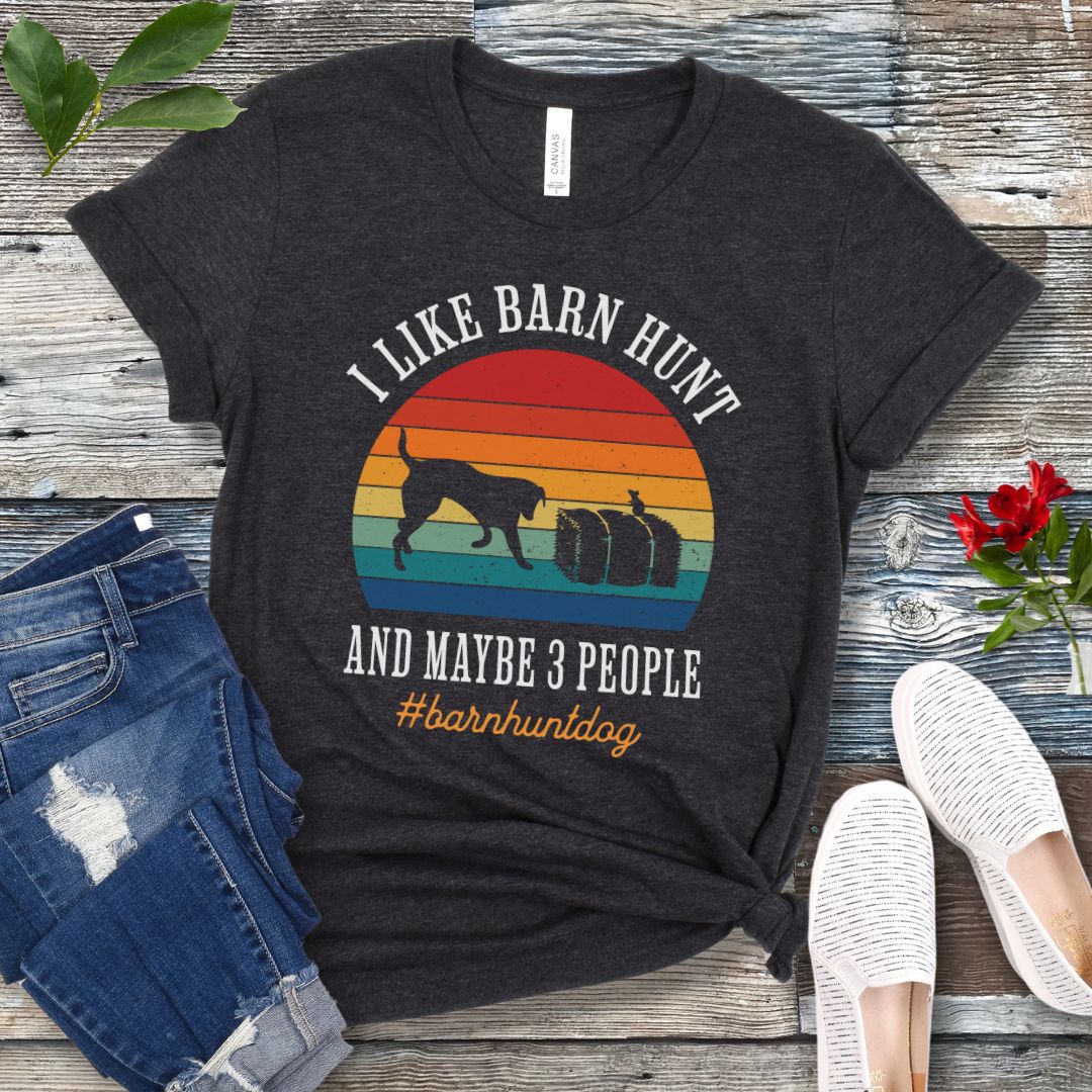 Dark gray dog sports t-shirt with colorful graphic and the text 'I Like Barn Hunt And Maybe 3 People' on a wooden surface with jeans and shoes.